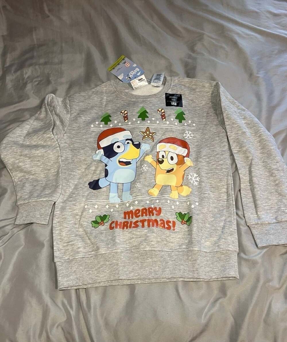 Bluey & Bingo Merry Christmas Heather Grey Pullover Sweatshirt Medium